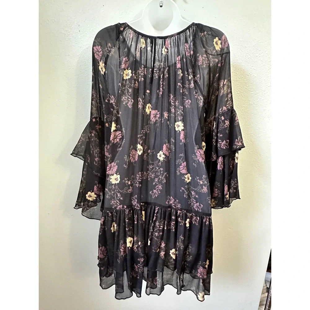 Free People Black Floral Sheer Bell Sleeve Ruffle Tiered Mini Dress Womens Small